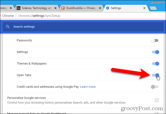 Įgalinkite „Windows“ skirtukus „Chrome“, skirtus atidaryti skirtukus