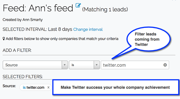 Sukurkite „Leadfeeder“ filtrus, kad galėtumėte stebėti potencialius klientus iš jūsų socialinės žiniasklaidos kanalų.