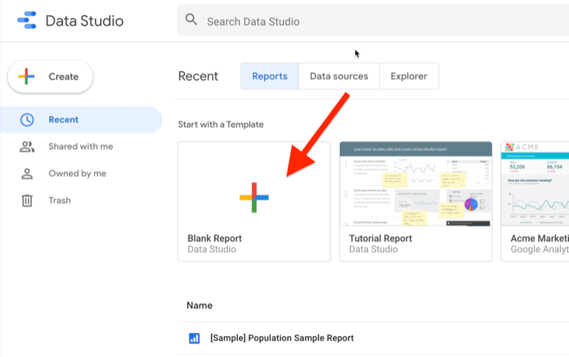 „Google Data Studio“ paskyros pavyzdys, rodantis skirtuką „Naujausias“ su pasirinktu „Ataskaitos“, kuriame pateikiami ataskaitų pavyzdžiai ir ataskaitų šablonai su paryškinta tuščia duomenų studijos šablono ataskaita
