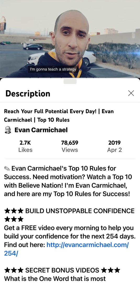 Evano Carmichaelio „YouTube“ vaizdo įrašo vaizdas ir aprašas programoje mobiliesiems
