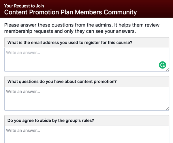 Paprašykite būsimų „Facebook“ grupės narių atsakyti į kvalifikacinius klausimus.