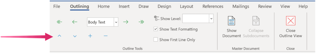 Kontūrų rodinys „Microsoft Word“