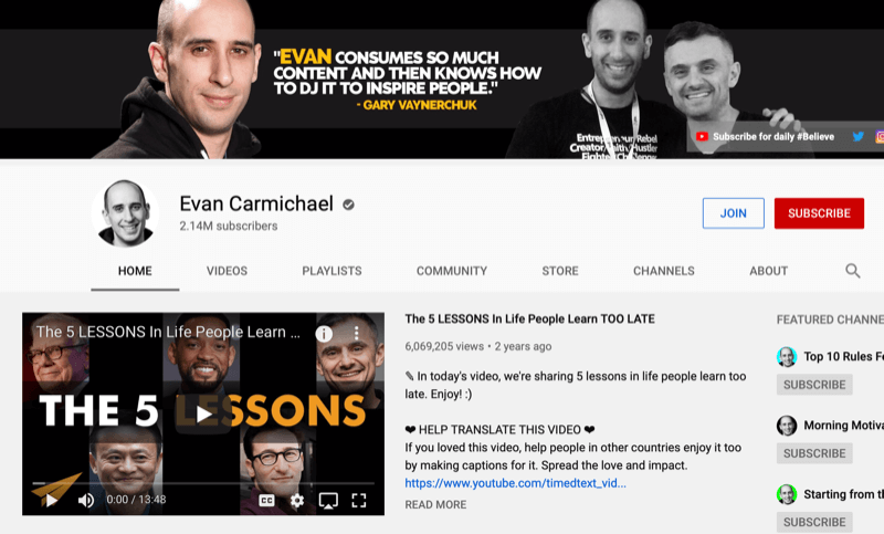 „YouTube“ kanalo puslapis skirtas Evanui Carmichaeliui