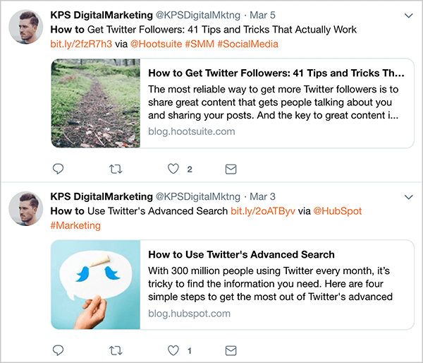 Tai yra automatinių „@KPSDigitalMarketing“ tweetų ekrano kopija, paskelbta kovo 3 ir 5 dienomis. Šie tweetai atsiranda prieš Danui Knowltonui nustojus automatizuoti tweetus. „Twitter“ įrašai naudojami pagal formulę, leidžiančią juos atpažinti kaip rinkodaros „tweet“: straipsnio pavadinimas, trumpa nuoroda, žodis „via“ ir straipsnio autoriaus „Twitter“ rankena bei keletas žymų. Pirmasis tweet yra straipsnis pavadinimu „Kaip pritraukti„ Twitter “sekėjus: 41 iš tikrųjų veikiantys patarimai ir gudrybės“. Antrasis - straipsnis, kurio pavadinimas yra „Kaip naudoti išplėstinę„ Twitter “paiešką“.
