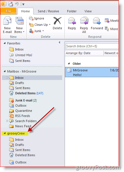 „Outlook 2010“ ekrano kopija, kaip pridėti papildomą pašto dėžutę