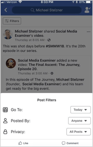 „Facebook“ profilio paieškos filtro funkcija, kurią gamtoje rado Mike'as Stelzneris.