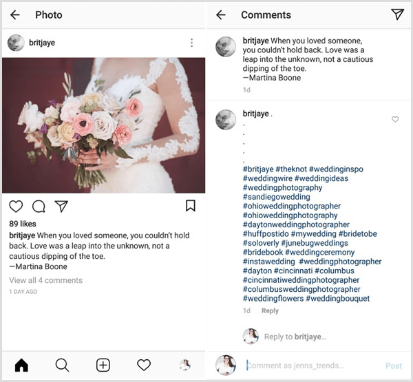 „Instagram“ įrašo pavyzdys su turinio, pramonės, nišos ir prekės ženklo žymių deriniu