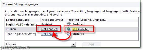 įgalinti rūdų kalbų rašybos tikrinimą ir klaviatūros išdėstymą „Office 2010“