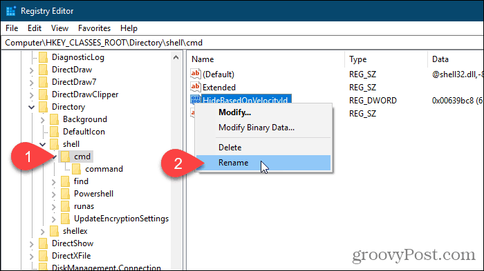 „Windows“ registro rengyklėje pasirinkite „HideBasedOnVelocityId“ vertės pervardyti