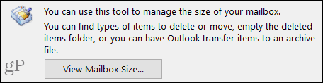 Peržiūrėkite pašto dėžutės dydį „Outlook“