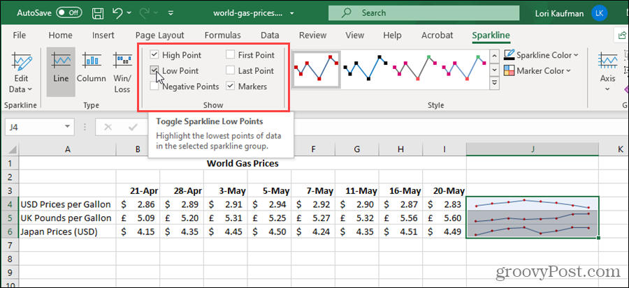 Rodyti „Sparklines“ parinktis „Excel“