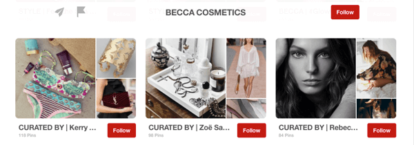 Svečių lentų „Pinterest“ pavyzdys, kuruojamas „Becca Cosmetics“ įtakininkų.