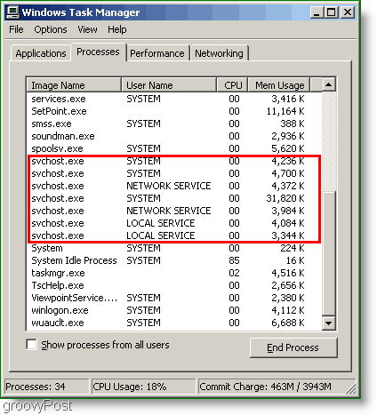 „Windows“ užduočių tvarkyklė svchost.exe