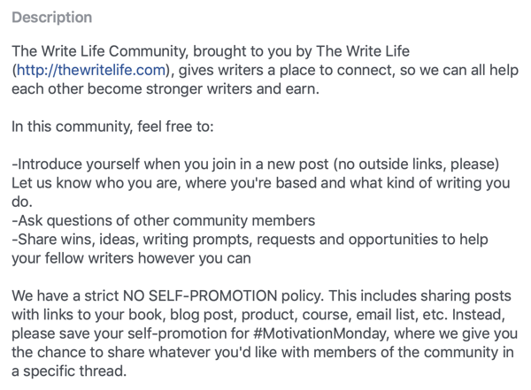 Kaip patobulinti „Facebook“ grupės bendruomenę, „The Write Life Community“ grupės „Facebook“ aprašymo ir taisyklių pavyzdys
