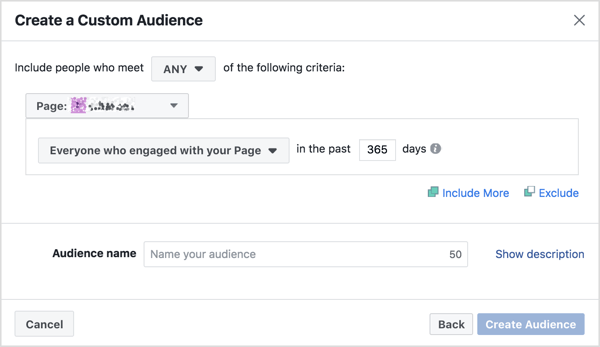 Užpildykite „Facebook“ puslapio įtraukimo pasirinktinės auditorijos kriterijus.