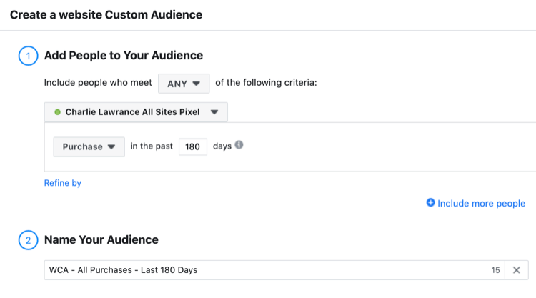 nustatykite „Facebook“ svetainės pasirinktinę lankytojų, kurie pirko per pastarąsias 180 dienų, auditoriją