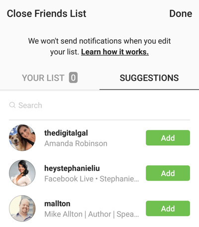 Galimybė spustelėti Pridėti, kad pridėtumėte draugą prie „Instagram“ draugų sąrašo.