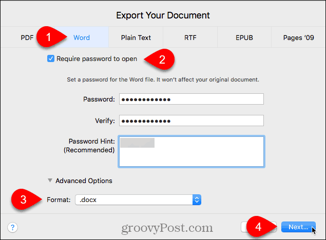 Eksportuokite savo dokumento dialogo langą „Pages for Mac“