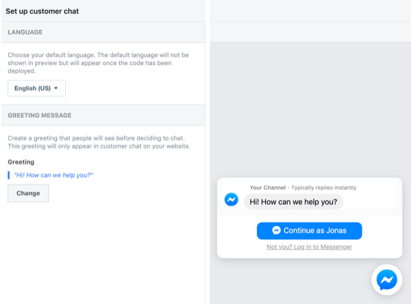 Nustatykite „Facebook“ klientų pokalbį, 2 žingsnis.