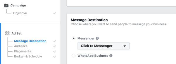 „Facebook“ spustelėkite „Messenger“ skelbimus, 1 žingsnis.