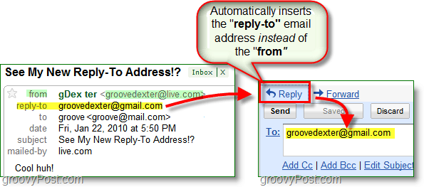kai nustatote atsakymo į el. pašto adresą, jis siunčia visus atsakymus jūsų alternatyviu adresu
