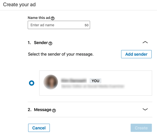 Kaip sukurti „LinkedIn“ objektyvų remiamą „InMail“ skelbimą, 3 žingsnis, nustatykite skelbimo pavadinimą ir siuntėją