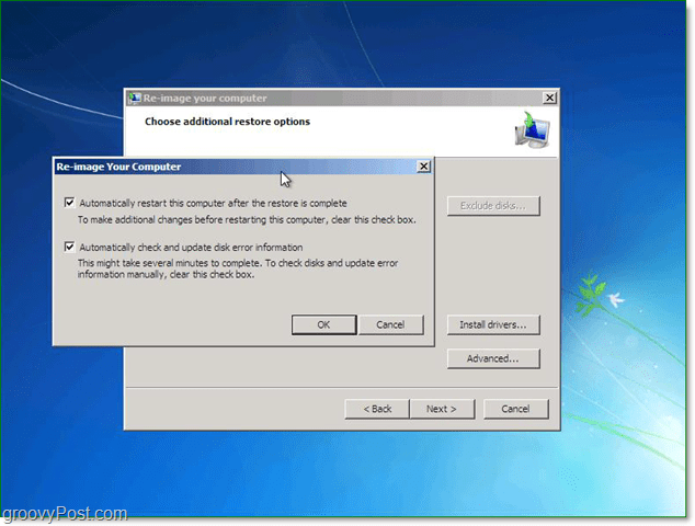 naudokite išplėstines parinktis, kad tinkintumėte „Windows 7“ sistemos vaizdo atkūrimą