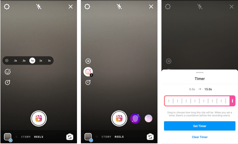 ekrano kopijos, kuriose rodoma „Instagram“ ritės laikmačio parinktis ir nustatymai 