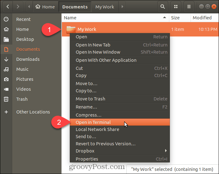 Pasirinkite „Open“ terminale „Ubuntu Linux“