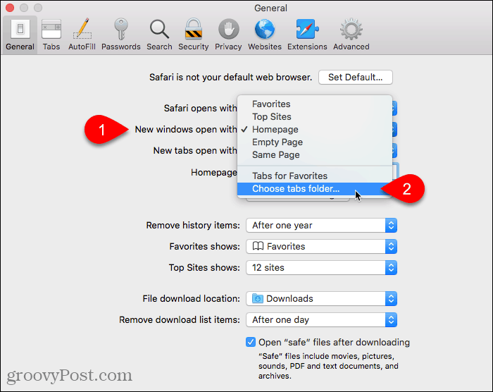 Pasirinkite „Pasirinkite skirtukų aplanką, jei norite atidaryti naujus langus su„ Mac “„ Safari “nustatymais