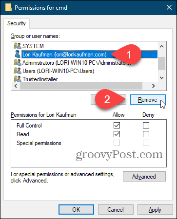 Pašalinkite vartotoją iš „Windows“ registro dialogo lango Leidimai