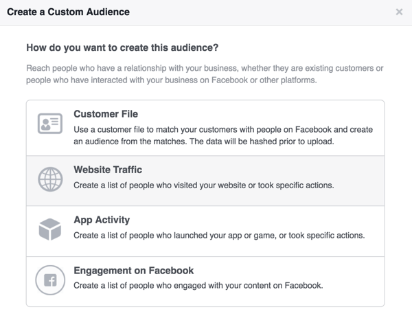 Pasirinkite „Svetainės srautas“, kad nustatytumėte „Facebook“ tinkintą svetainės lankytojų auditoriją.