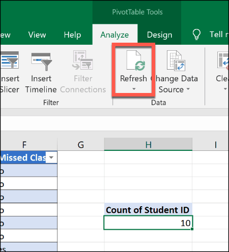 „Pivot“ lentelės atnaujinimas programoje „Excel“