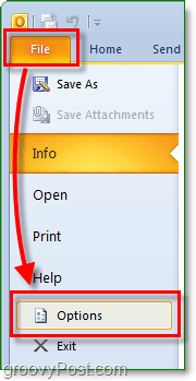 „Microsoft Outlook 2010“ spustelėkite failo juostelę, kad įvestumėte foną, tada spustelėkite mygtuką parinktys