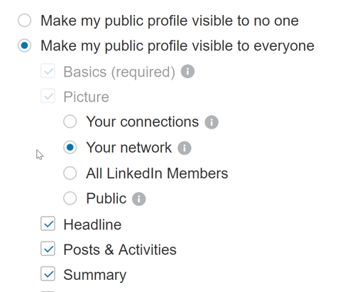 Įsitikinkite, kad „LinkedIn“ profilio nustatymai leidžia visiems matyti jūsų viešuosius įrašus.