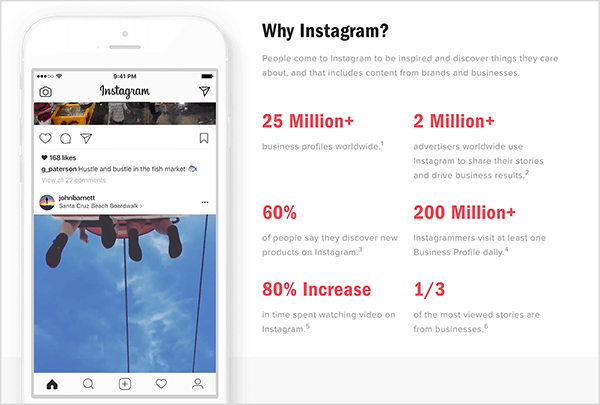 „Instagram“ turi tinklalapį pavadinimu „Kodėl„ Instagram “? kuri dalijasi svarbia „Instagram“ ir „Instagram Stories“ statistika verslui.