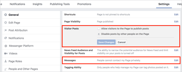 „Facebook“ puslapio nustatymų skirtuke Bendra redaguokite lankytojų įrašų ir žinučių nustatymus.