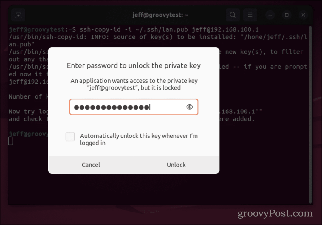 Ubuntu slaptažodžio dialogo langas SSH raktui