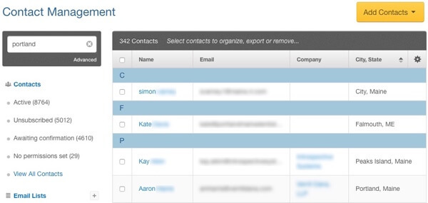 kontaktų valdymo pavyzdinis segmentuotų el. pašto adresų sąrašas