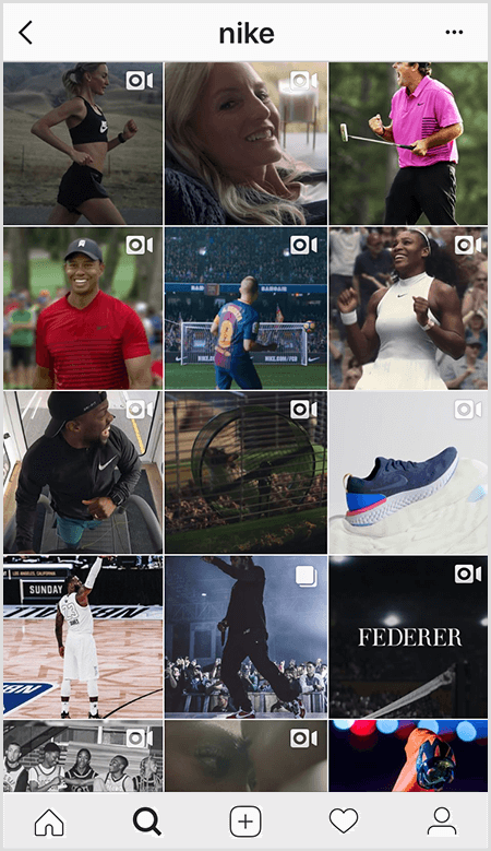 „Nike Instagram“ įrašuose pateikiamas sportininkų, dėvinčių „Nike“ aprangą, tinklelis, tačiau keliose sklaidos kanalo nuotraukose yra teksto.