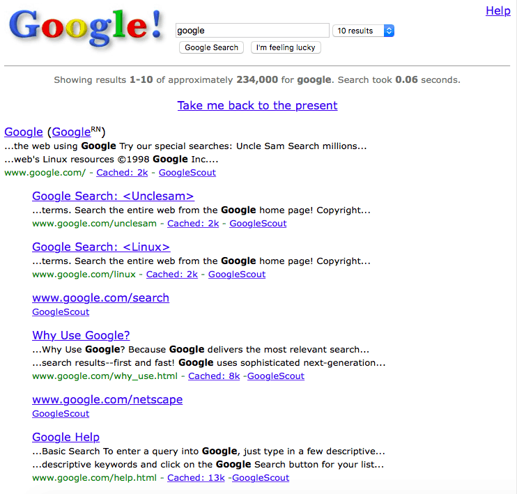 Penktadienio linksmybės: Grįžkite į „Web 1.0“, naudodami „Google“ 1998 m.
