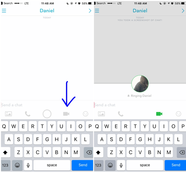 Norėdami atlikti „Snapchat“ vaizdo skambutį, atvirame pokalbyje su klientu palieskite vaizdo įrašo piktogramą.