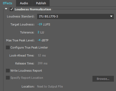 Šiuos garsumo normalizavimo nustatymus naudoju eksportuodamas garso failą į „Adobe Premiere“.