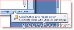 Apatiniame dešiniajame „Outlook 2007“ kampe – automatinių atsakymų ne biure įgalinto priminimas