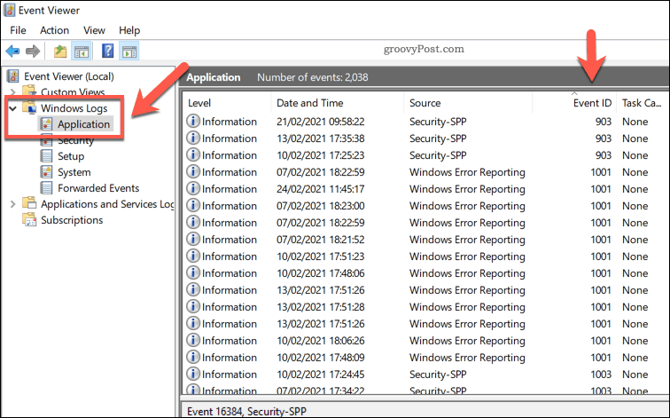 „Windows“ programų žurnalų sąrašas „Event Viewer“