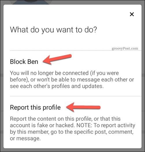 Pasirinkimas užblokuoti ar pranešti vartotojui sistemoje „LinkedIn“