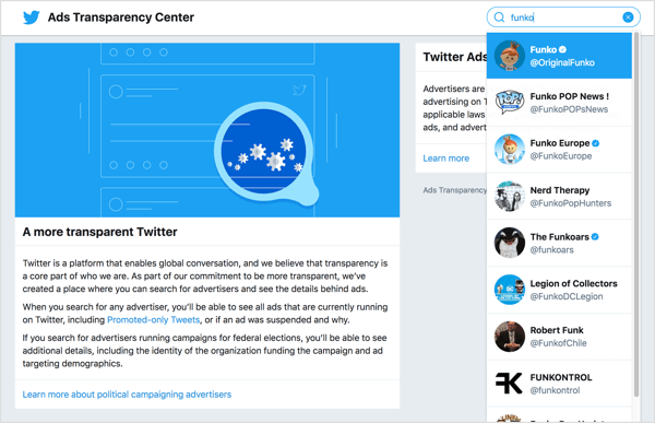 Norėdami peržiūrėti verslo skelbimus, eikite į „Twitter“ skelbimų skaidrumo centrą. 