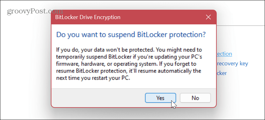 Išjungti arba laikinai sustabdyti „BitLocker“. 