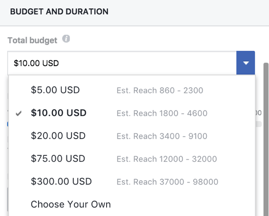 Galite rankiniu būdu nustatyti savo „Facebook“ įrašo biudžetą.