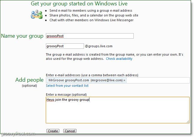 sukurti „Windows Live“ grupę